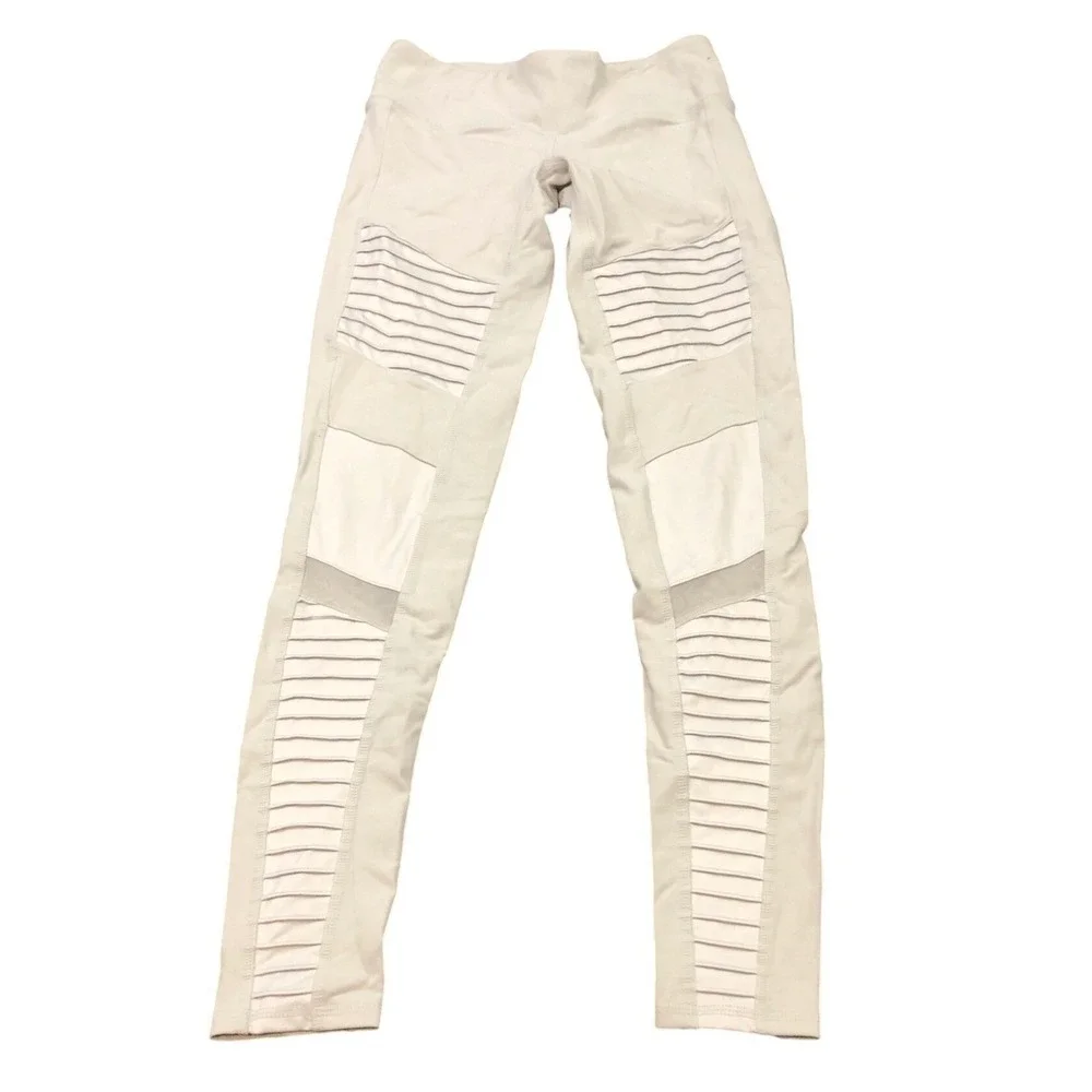 Alo Yoga Moto Leggings Womens XS White Ribbed Mesh Paneled Activewear Leggings